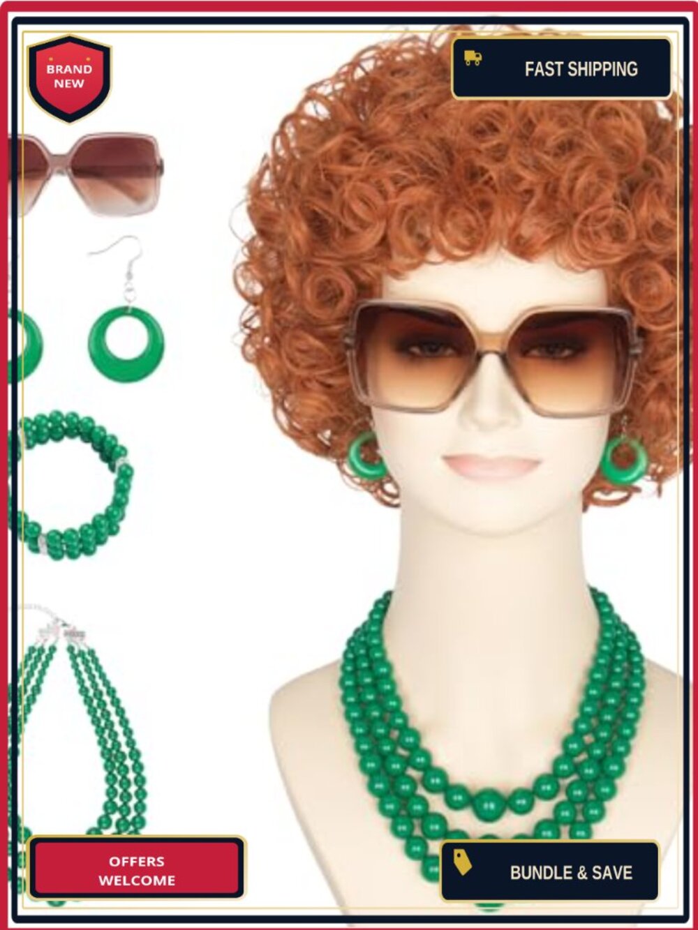 Short Curly Wig Set with Glasses, Necklace, Earrings, Bracelets, Wig Cap, Adult